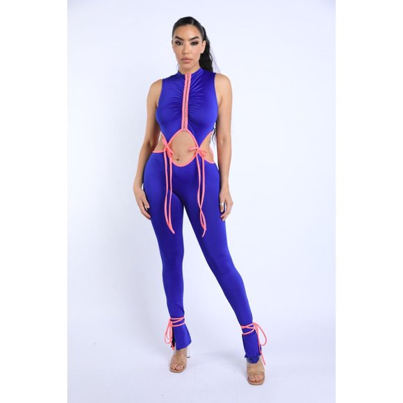 Hollow Out Patchwork Women String Tie Jumpsuit Zipper Sleeveless Bodycon - Picture 2 of 10